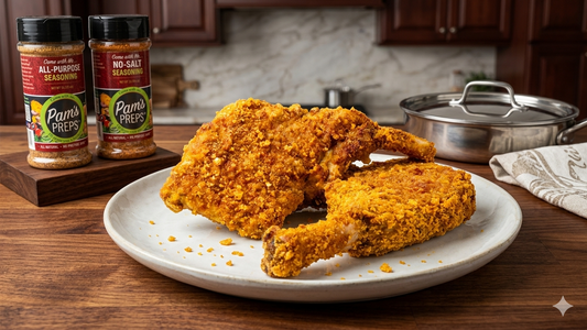 Two golden-brown, extraordinarily crispy pork chops on a rustic white plate, sitting on a dark wooden countertop with Pam’s Preps All-Purpose and No-Salt Seasonings in the background